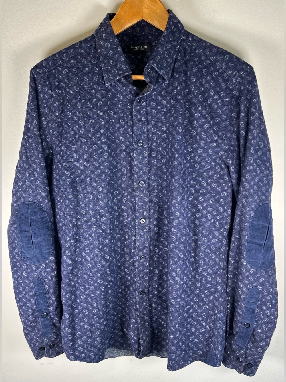 Stefano Ricci Men’s Paisley Button Down Shirt Sz 50 Blue Flannel Elbow Patches
